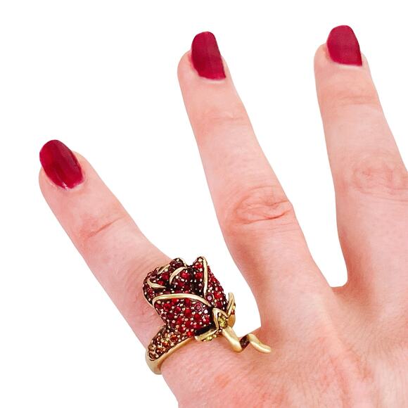 VTG Signed Heidi Daus Red Rose Crystal Gold Tone Elegant Cocktail Ring Romantic - Picture 6 of 13